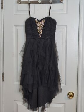Black Spaghetti Strap Cocktail High-Low Dress with Beaded Rhinestones Size S